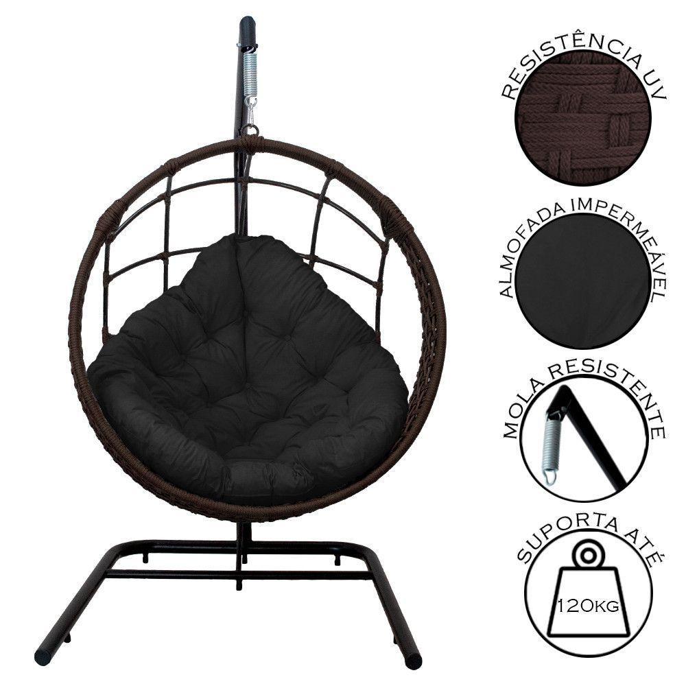 Cadeira Balanço Ninho Suspenso Em Corda Náutica Luxo Com Suporte Marrom-preto - 5