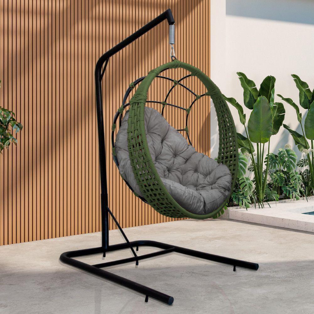 Cadeira Balanço Ninho Suspenso Em Corda Náutica Luxo Com Suporte Verde-cinza - 1