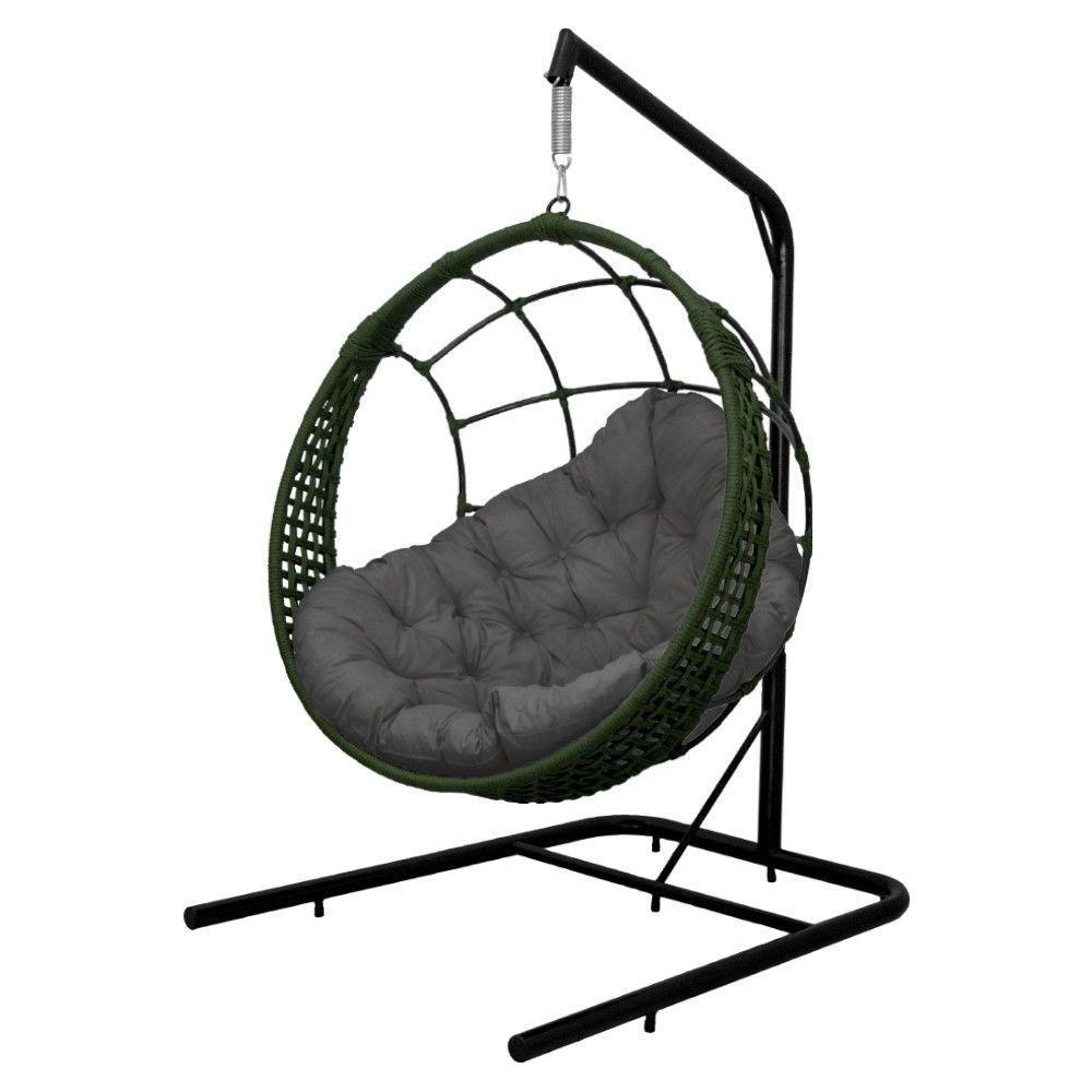 Cadeira Balanço Ninho Suspenso Em Corda Náutica Luxo Com Suporte Verde-cinza - 2