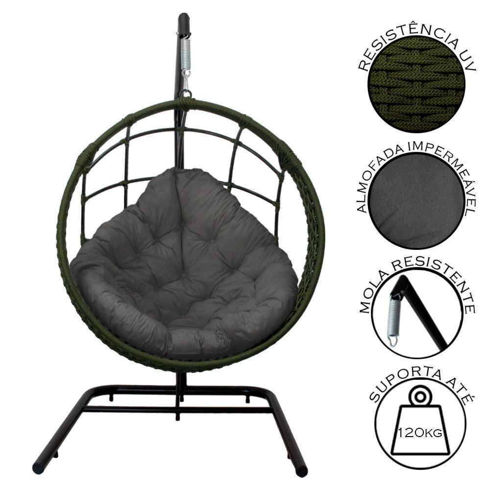 Cadeira Balanço Ninho Suspenso Em Corda Náutica Luxo Com Suporte Verde-cinza - 4