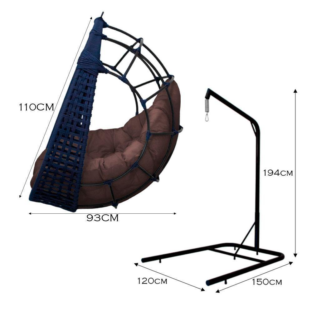 Cadeira Balanço Ninho Suspenso Em Corda Náutica Luxo Com Suporte Azul-marrom - 5