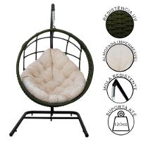 Cadeira Balanço Ninho Suspenso Em Corda Náutica Luxo Com Suporte Verde-branco