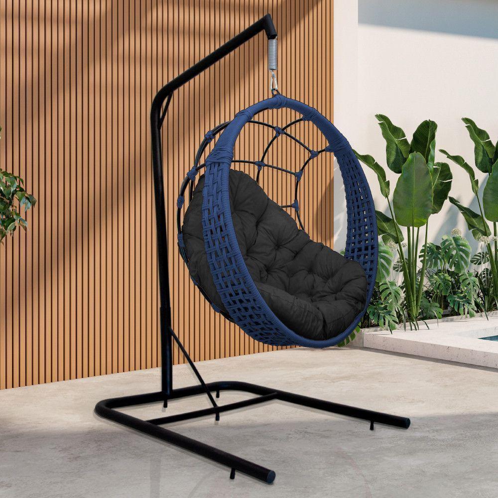 Cadeira Balanço Ninho Suspenso Em Corda Náutica Luxo Com Suporte Azul-preto - 1