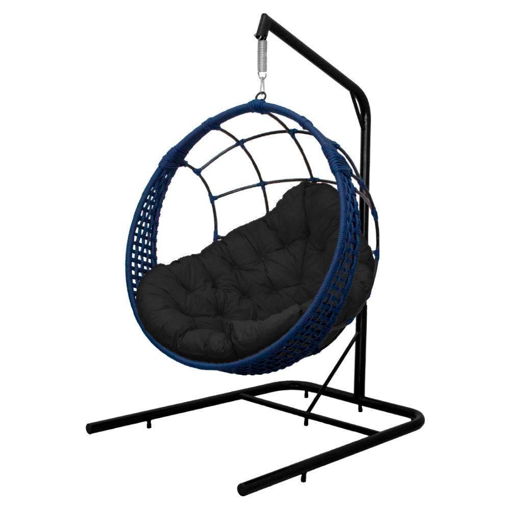 Cadeira Balanço Ninho Suspenso Em Corda Náutica Luxo Com Suporte Azul-preto - 3