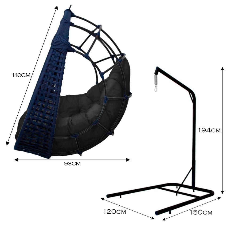 Cadeira Balanço Ninho Suspenso Em Corda Náutica Luxo Com Suporte Azul-preto - 4