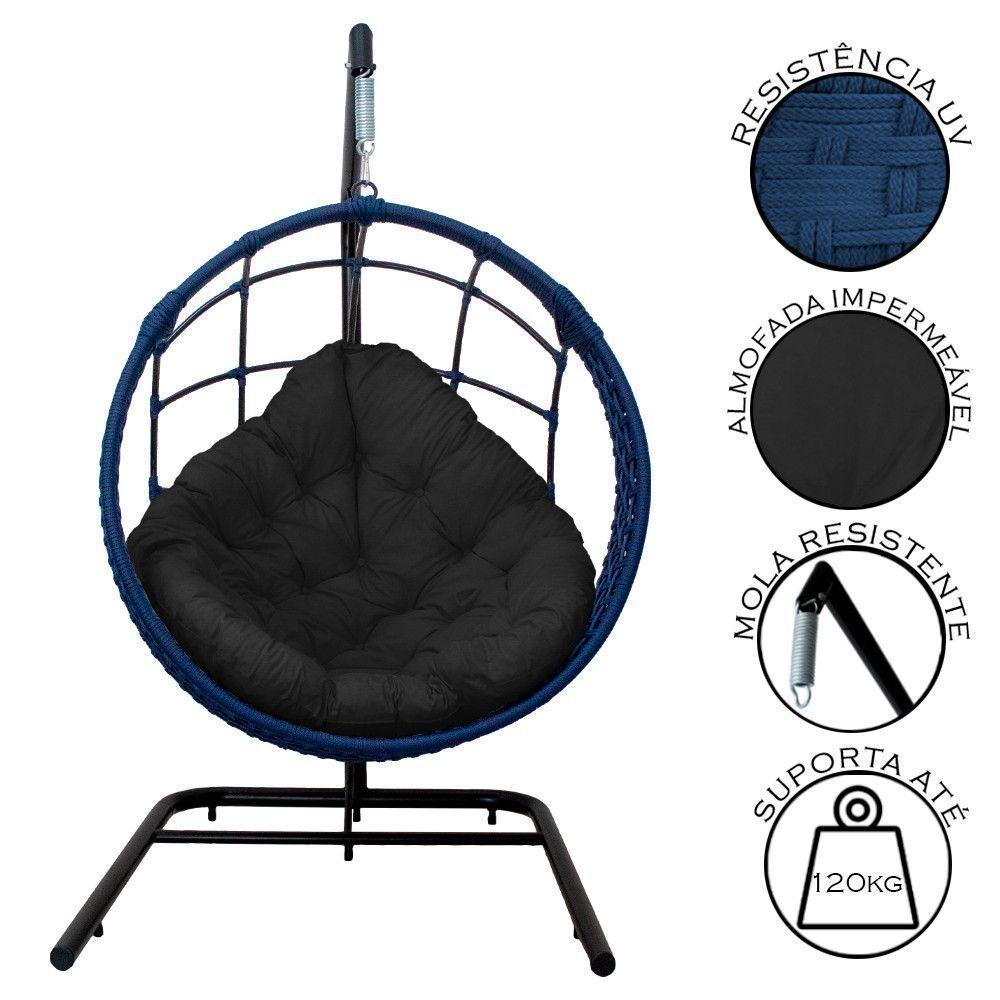 Cadeira Balanço Ninho Suspenso Em Corda Náutica Luxo Com Suporte Azul-preto - 5