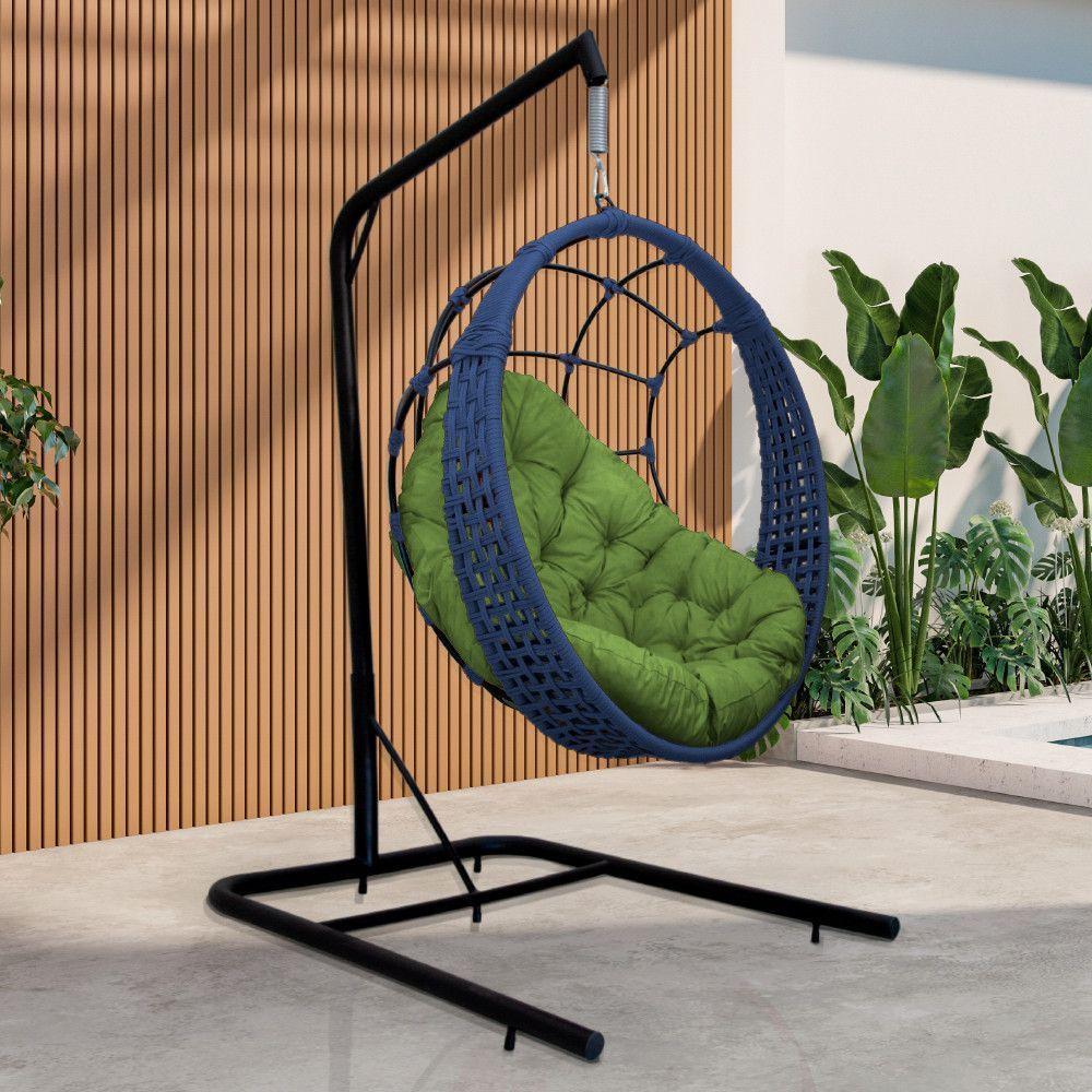Cadeira Balanço Ninho Suspenso Em Corda Náutica Luxo Com Suporte Azul-verde - 1