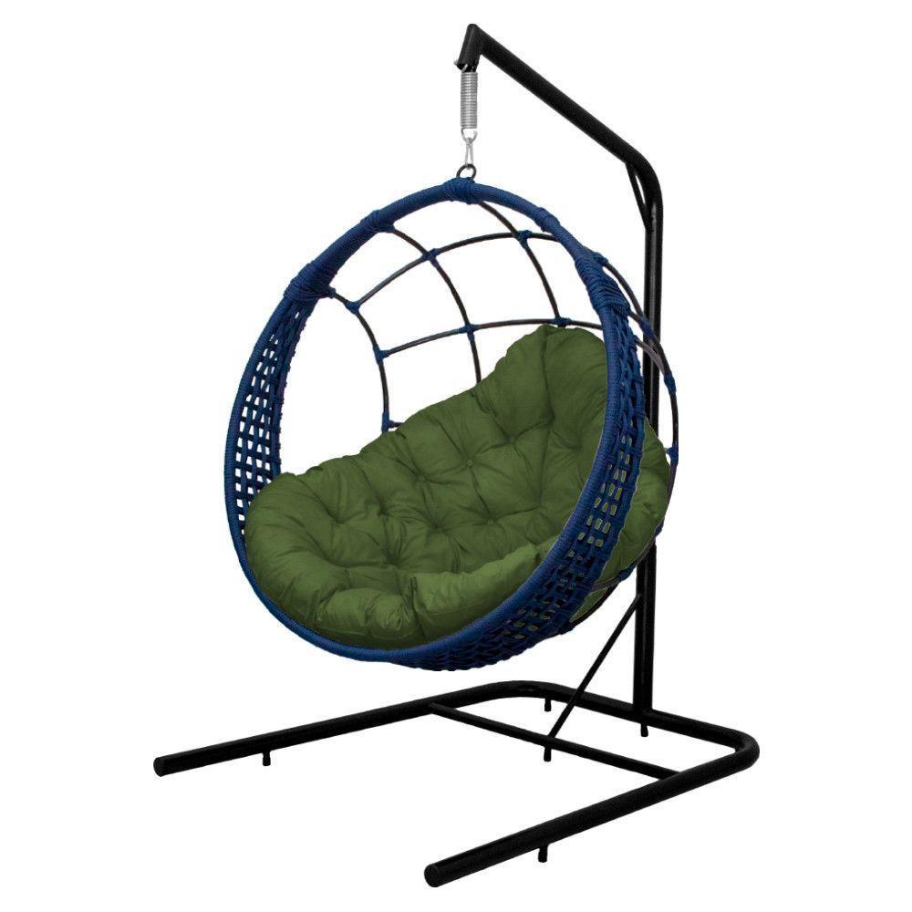 Cadeira Balanço Ninho Suspenso Em Corda Náutica Luxo Com Suporte Azul-verde - 2