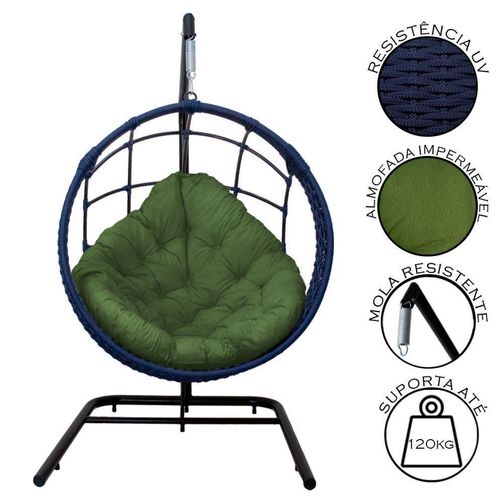 Cadeira Balanço Ninho Suspenso Em Corda Náutica Luxo Com Suporte Azul-verde - 4