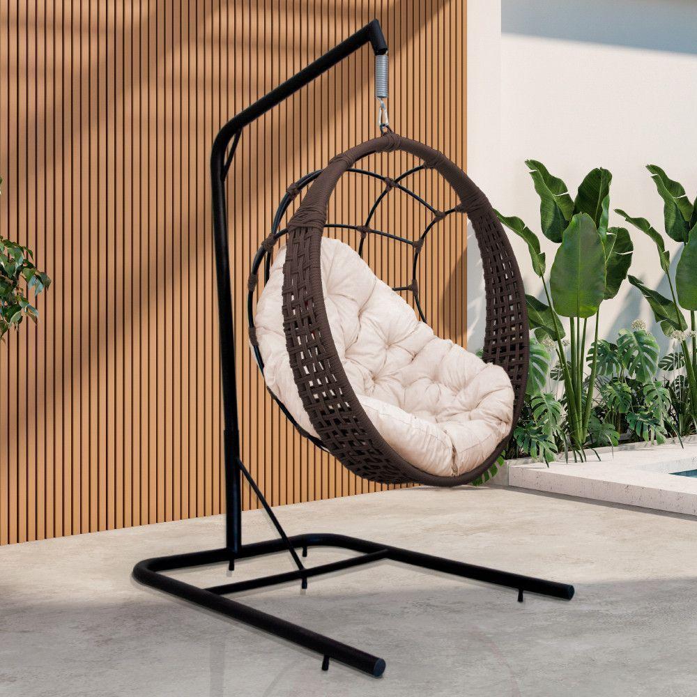 Cadeira Balanço Ninho Suspenso Em Corda Náutica Luxo Com Suporte Marrom-branco - 1