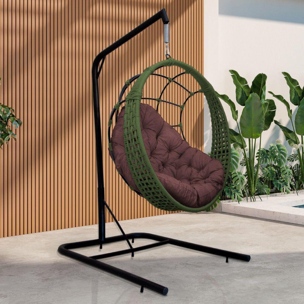 Cadeira Balanço Ninho Suspenso Em Corda Náutica Luxo Com Suporte Verde-marrom - 1