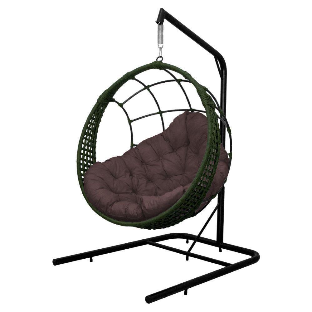 Cadeira Balanço Ninho Suspenso Em Corda Náutica Luxo Com Suporte Verde-marrom - 6