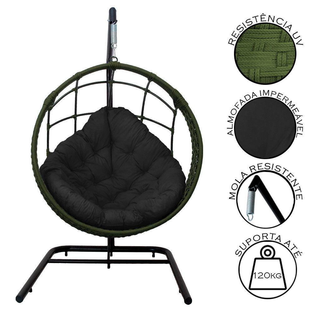 Cadeira Balanço Ninho Suspenso Em Corda Náutica Luxo Com Suporte Verde-preto - 3