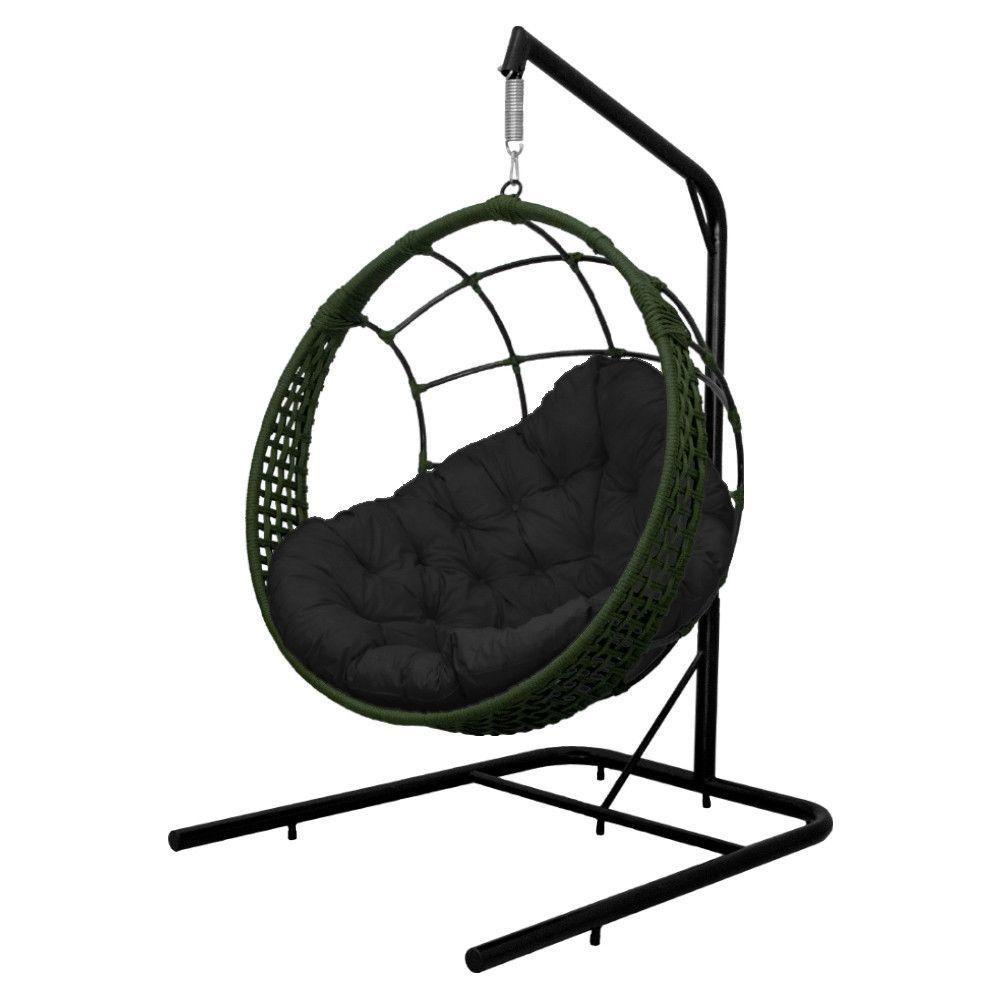 Cadeira Balanço Ninho Suspenso Em Corda Náutica Luxo Com Suporte Verde-preto - 5