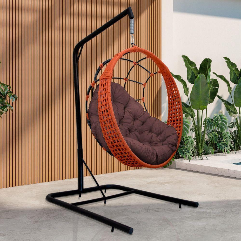 Cadeira Balanço Ninho Suspenso Em Corda Náutica Luxo Com Suporte Ocre-marrom - 1