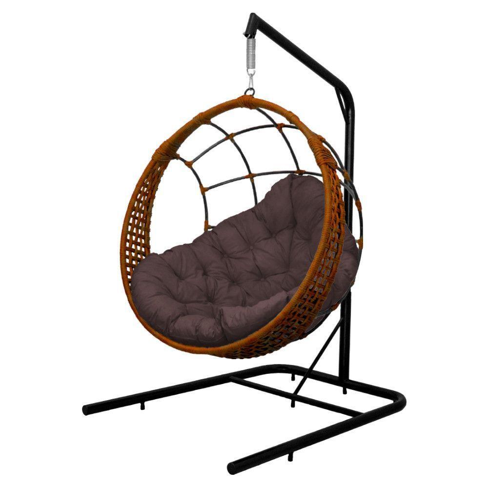 Cadeira Balanço Ninho Suspenso Em Corda Náutica Luxo Com Suporte Ocre-marrom - 2