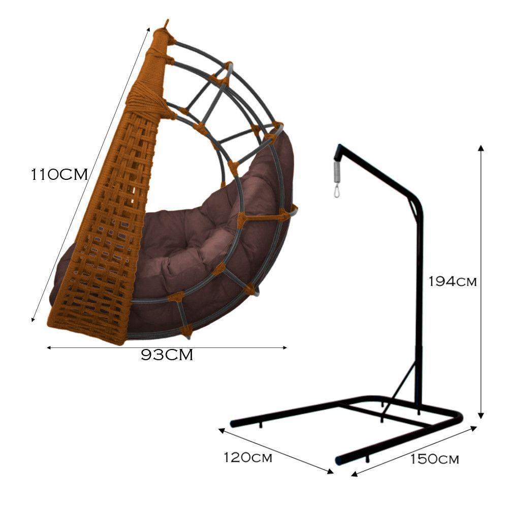 Cadeira Balanço Ninho Suspenso Em Corda Náutica Luxo Com Suporte Ocre-marrom - 3