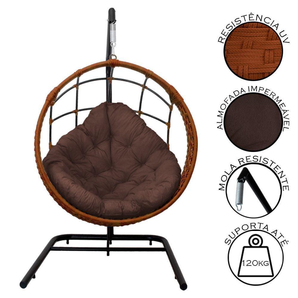 Cadeira Balanço Ninho Suspenso Em Corda Náutica Luxo Com Suporte Ocre-marrom - 4