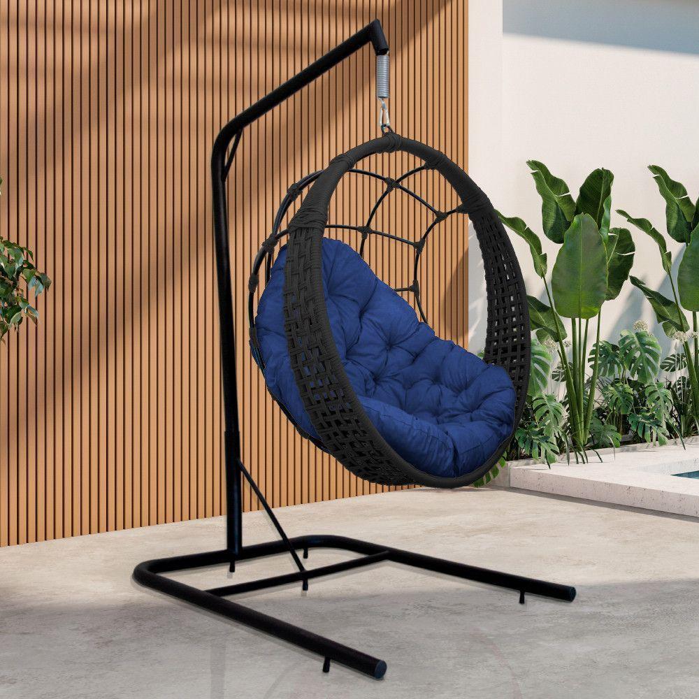 Cadeira Balanço Ninho Suspenso Em Corda Náutica Luxo Com Suporte Preto-azul - 1