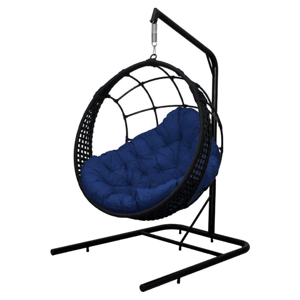 Cadeira Balanço Ninho Suspenso Em Corda Náutica Luxo Com Suporte Preto-azul - 3