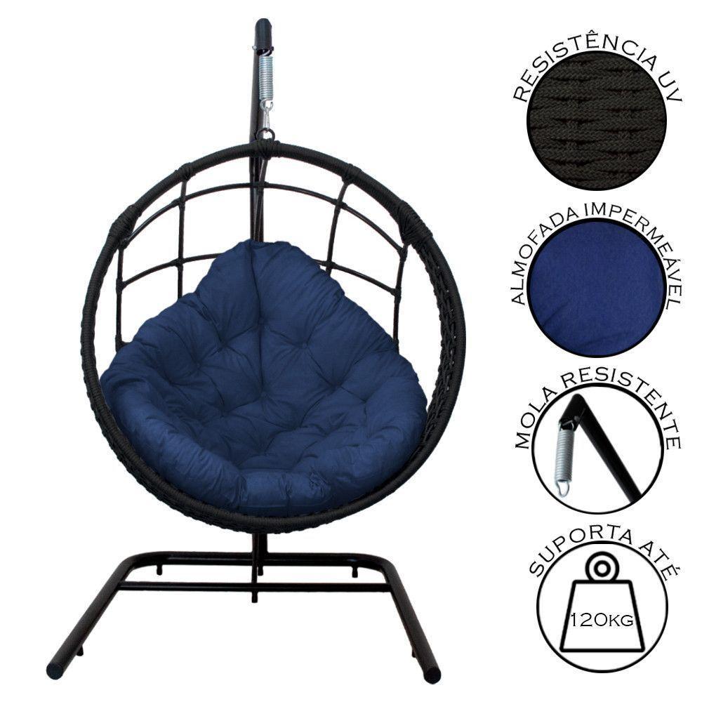 Cadeira Balanço Ninho Suspenso Em Corda Náutica Luxo Com Suporte Preto-azul - 5