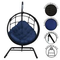 Cadeira Balanço Ninho Suspenso Em Corda Náutica Luxo Com Suporte Preto-azul - 5