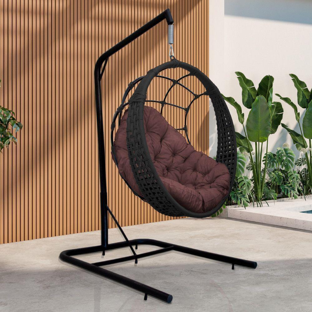 Cadeira Balanço Ninho Suspenso Em Corda Náutica Luxo Com Suporte Preto-marrom - 1