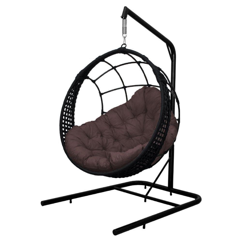 Cadeira Balanço Ninho Suspenso Em Corda Náutica Luxo Com Suporte Preto-marrom - 4