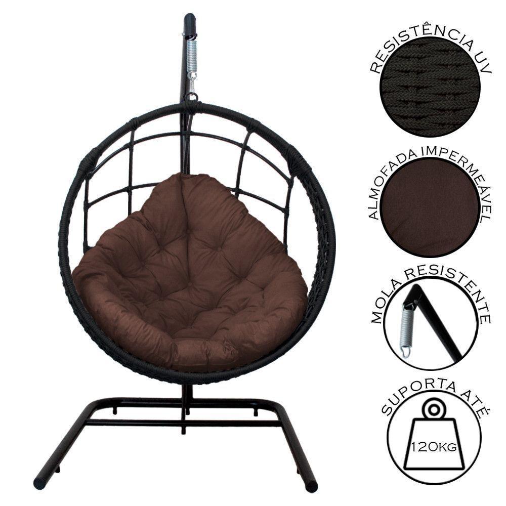 Cadeira Balanço Ninho Suspenso Em Corda Náutica Luxo Com Suporte Preto-marrom - 6