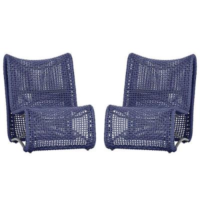 2 Poltronas Texas Em Alumínio Preto Corda Náutica Trama Azul
