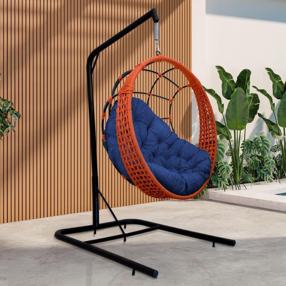 Cadeira Balanço Ninho Suspenso Em Corda Náutica Luxo Com Suporte Ocre-azul - 1