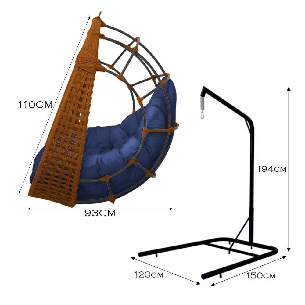 Cadeira Balanço Ninho Suspenso Em Corda Náutica Luxo Com Suporte Ocre-azul - 3