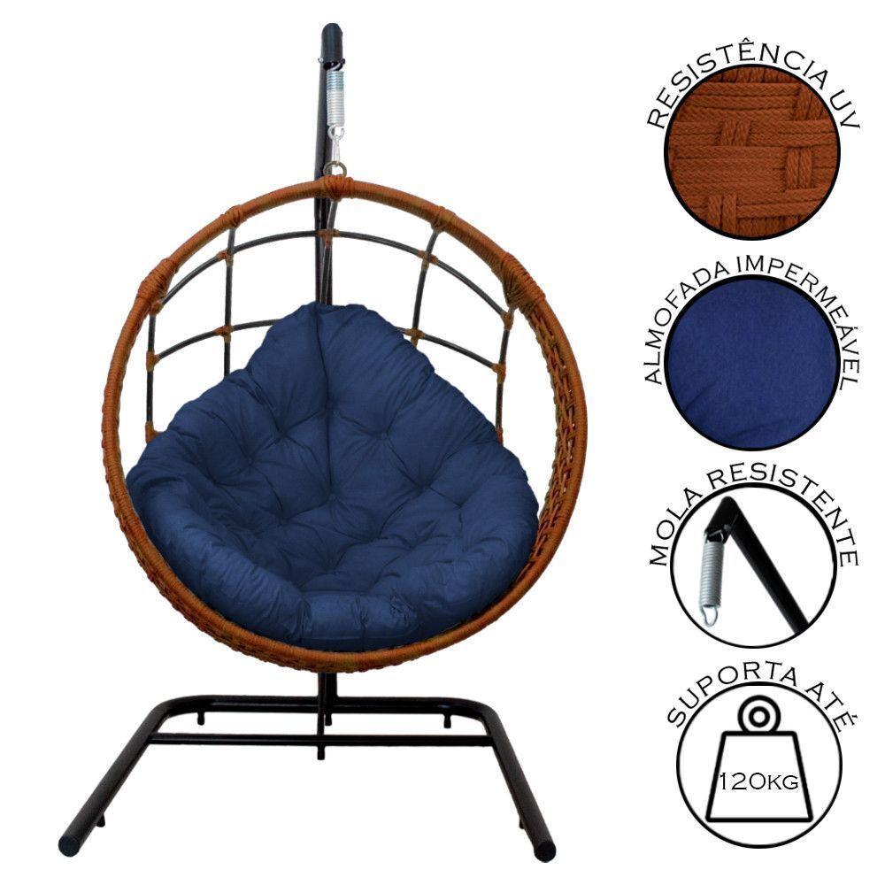 Cadeira Balanço Ninho Suspenso Em Corda Náutica Luxo Com Suporte Ocre-azul - 4