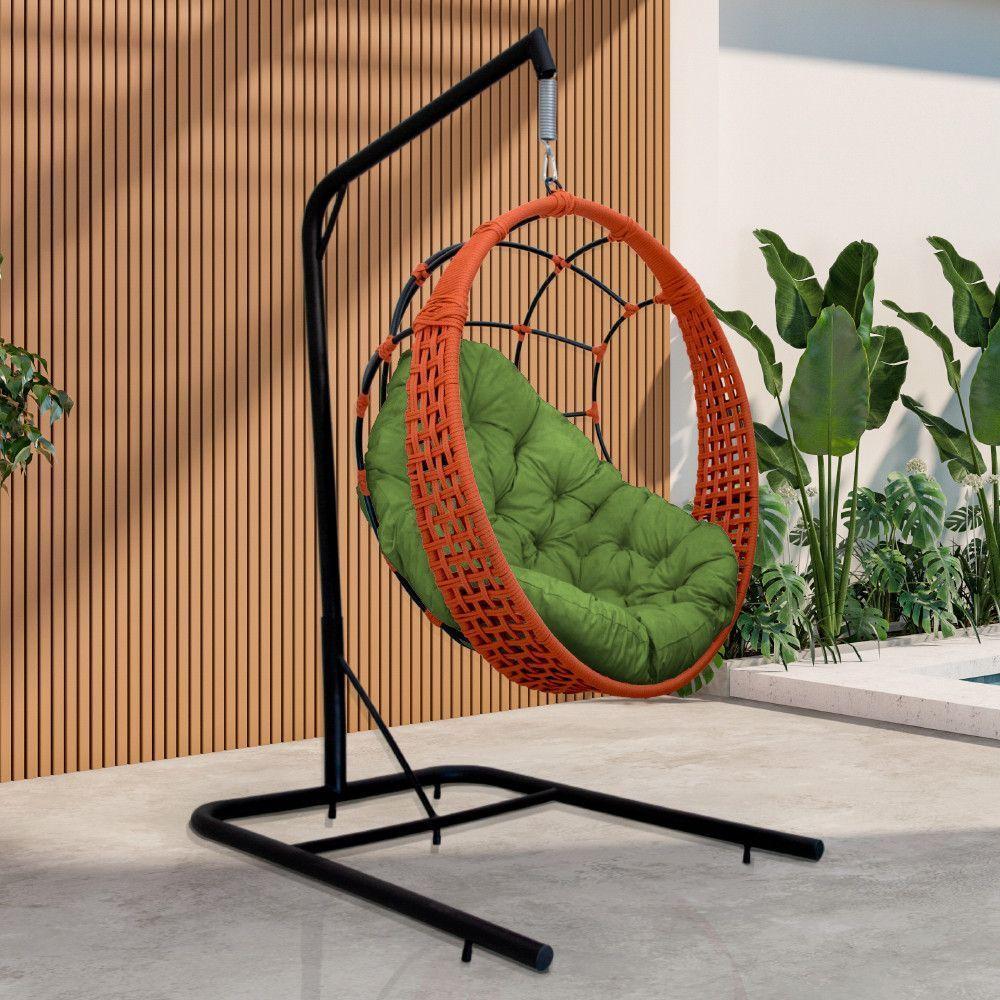 Cadeira Balanço Ninho Suspenso Em Corda Náutica Luxo Com Suporte Ocre-verde - 1