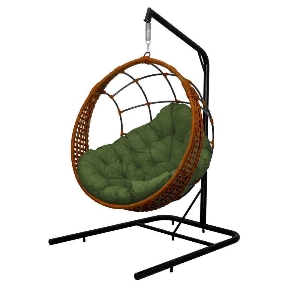 Cadeira Balanço Ninho Suspenso Em Corda Náutica Luxo Com Suporte Ocre-verde - 2