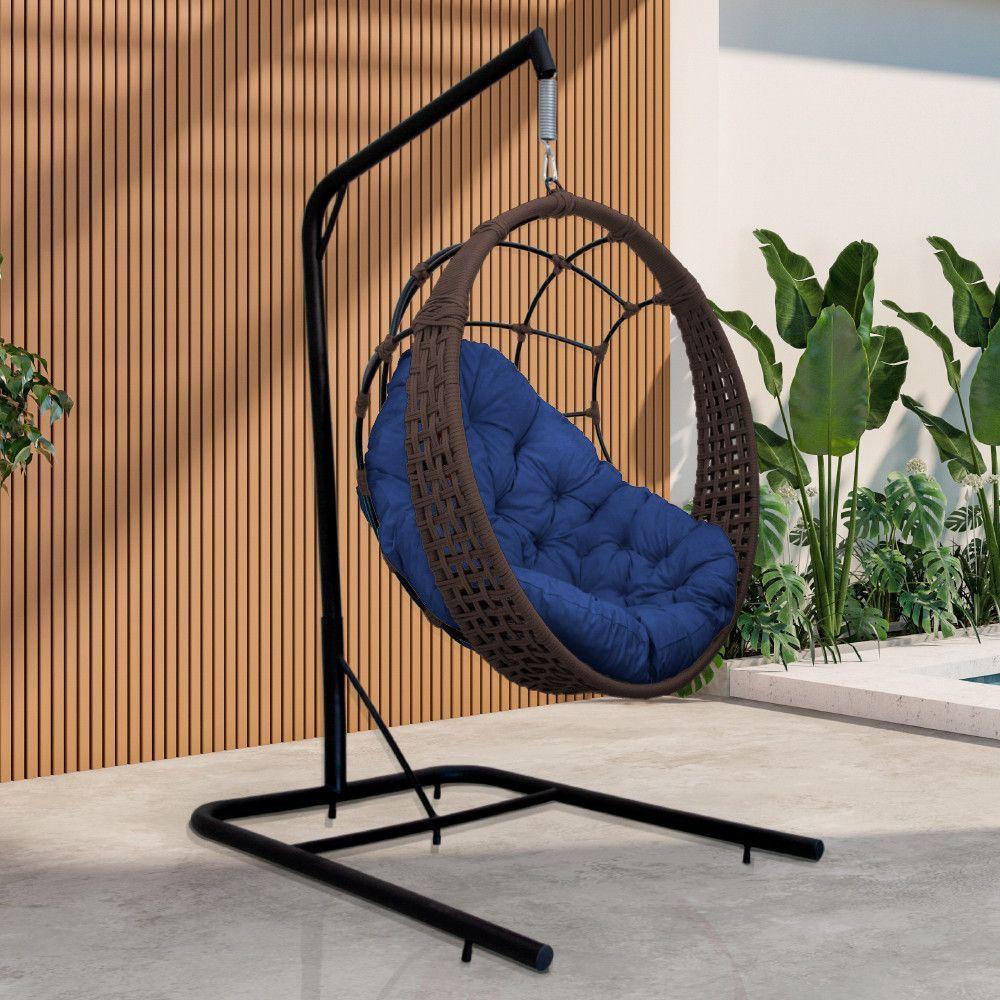 Cadeira Balanço Ninho Suspenso Em Corda Náutica Luxo Com Suporte Marrom-azul - 1