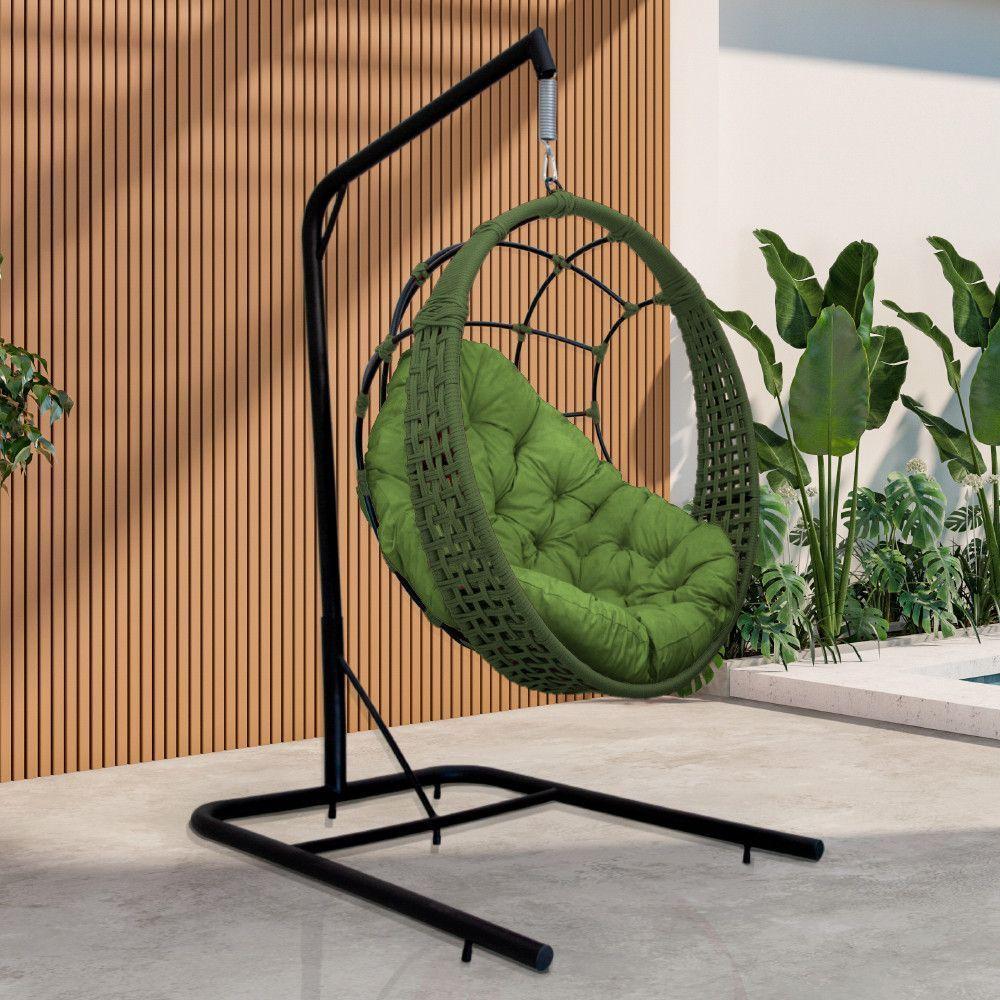 Cadeira Balanço Ninho Suspenso Em Corda Náutica Luxo Com Suporte Verde - 1