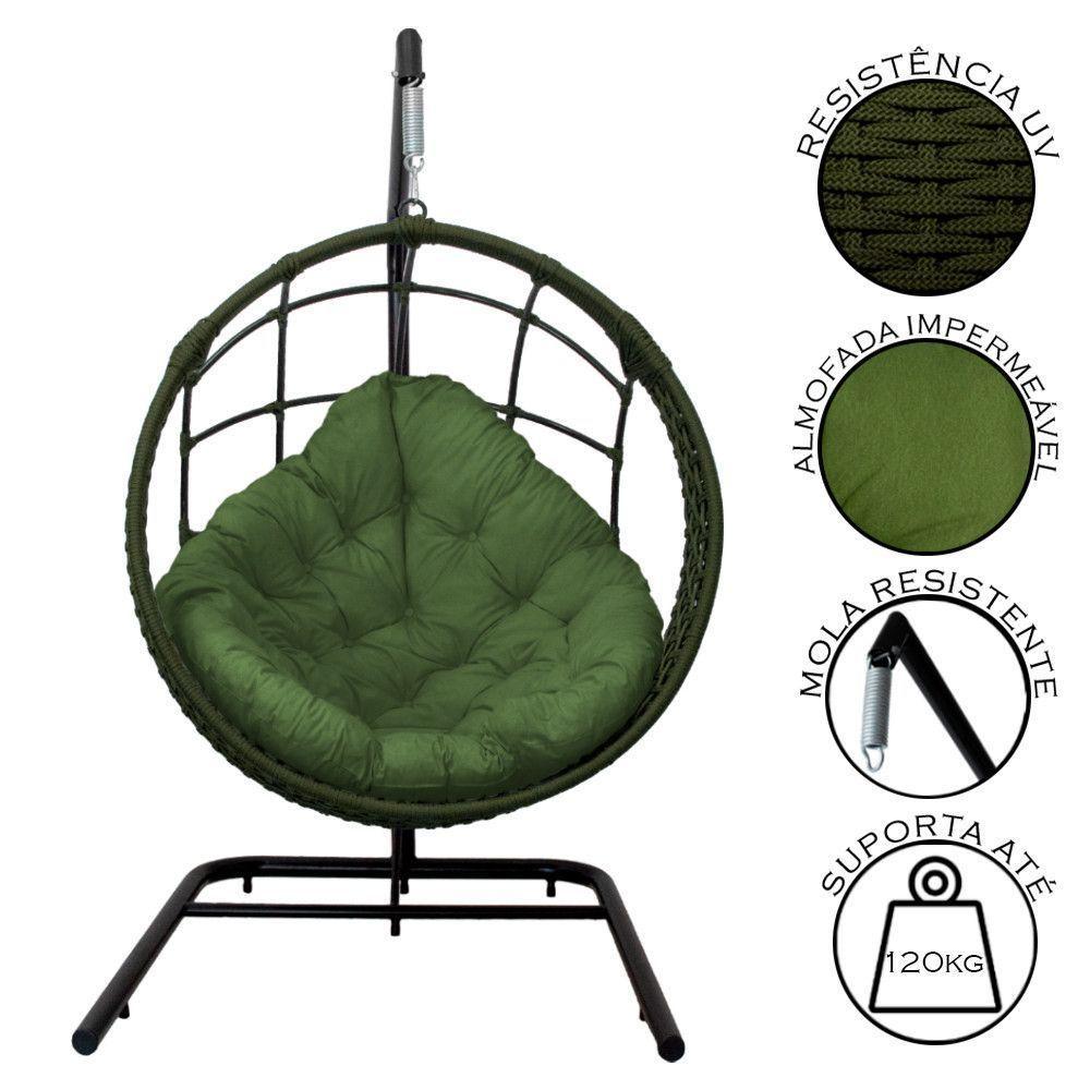 Cadeira Balanço Ninho Suspenso Em Corda Náutica Luxo Com Suporte Verde - 4