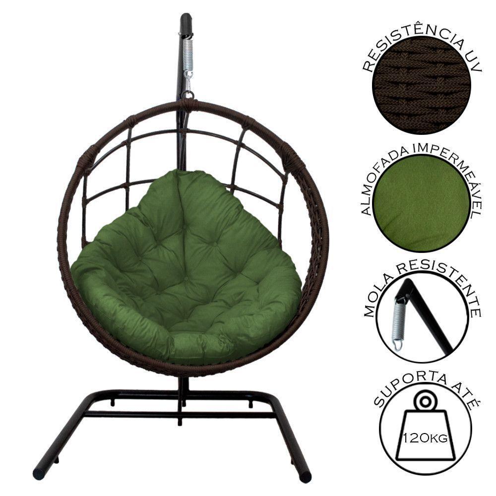 Cadeira Balanço Ninho Suspenso Em Corda Náutica Luxo Com Suporte Marrom-verde - 4