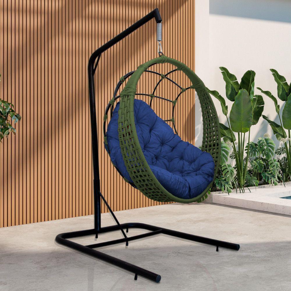 Cadeira Balanço Ninho Suspenso Em Corda Náutica Luxo Com Suporte Verde-azul - 1