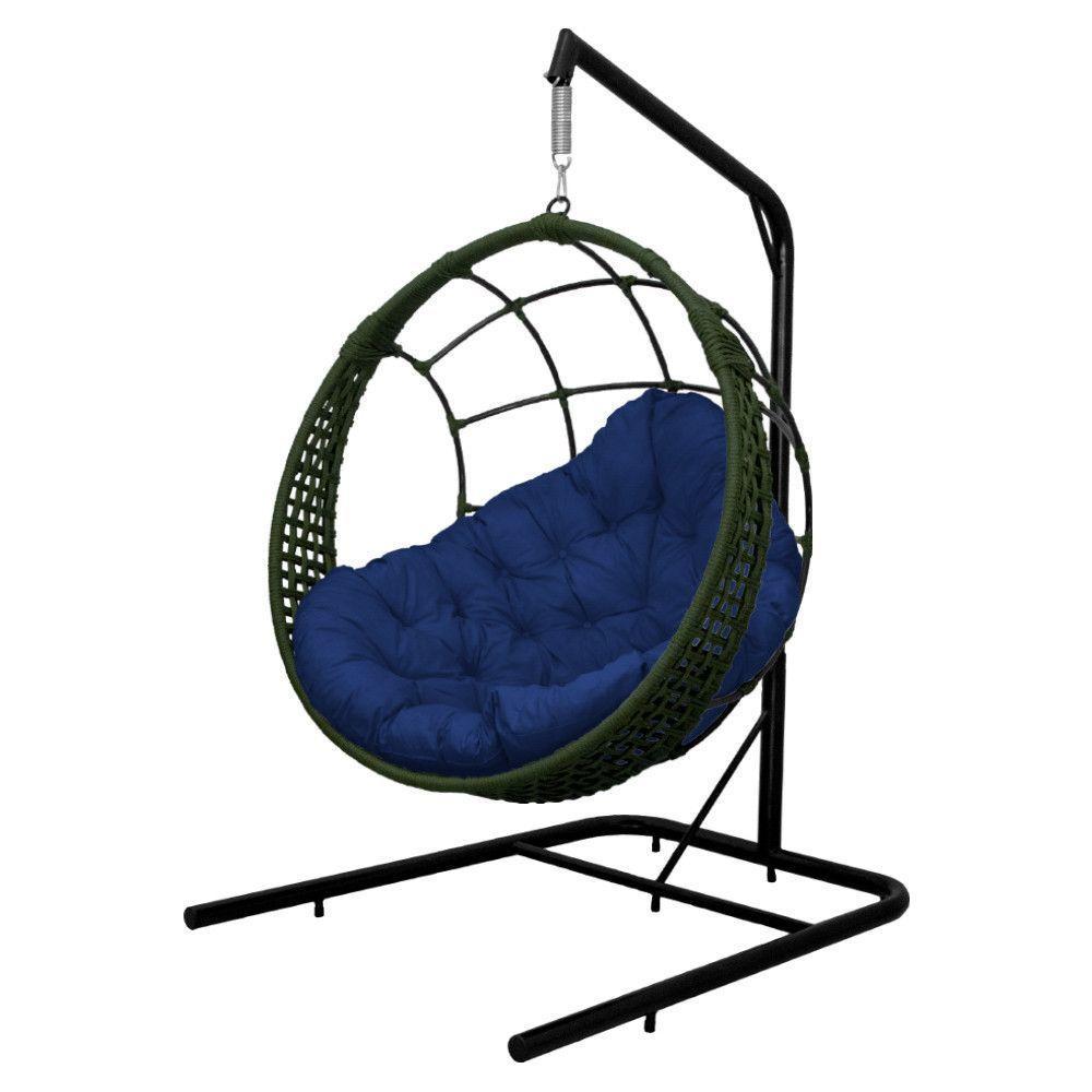 Cadeira Balanço Ninho Suspenso Em Corda Náutica Luxo Com Suporte Verde-azul - 2