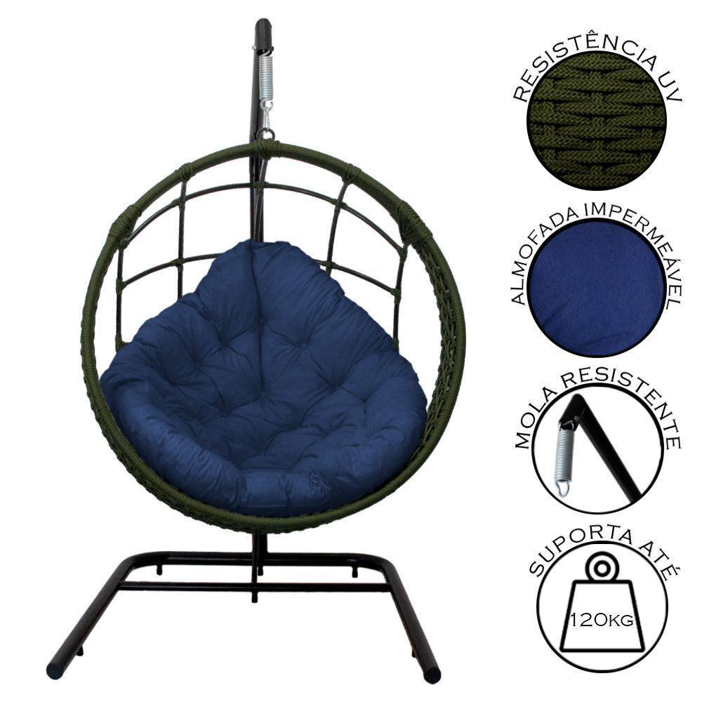 Cadeira Balanço Ninho Suspenso Em Corda Náutica Luxo Com Suporte Verde-azul - 4