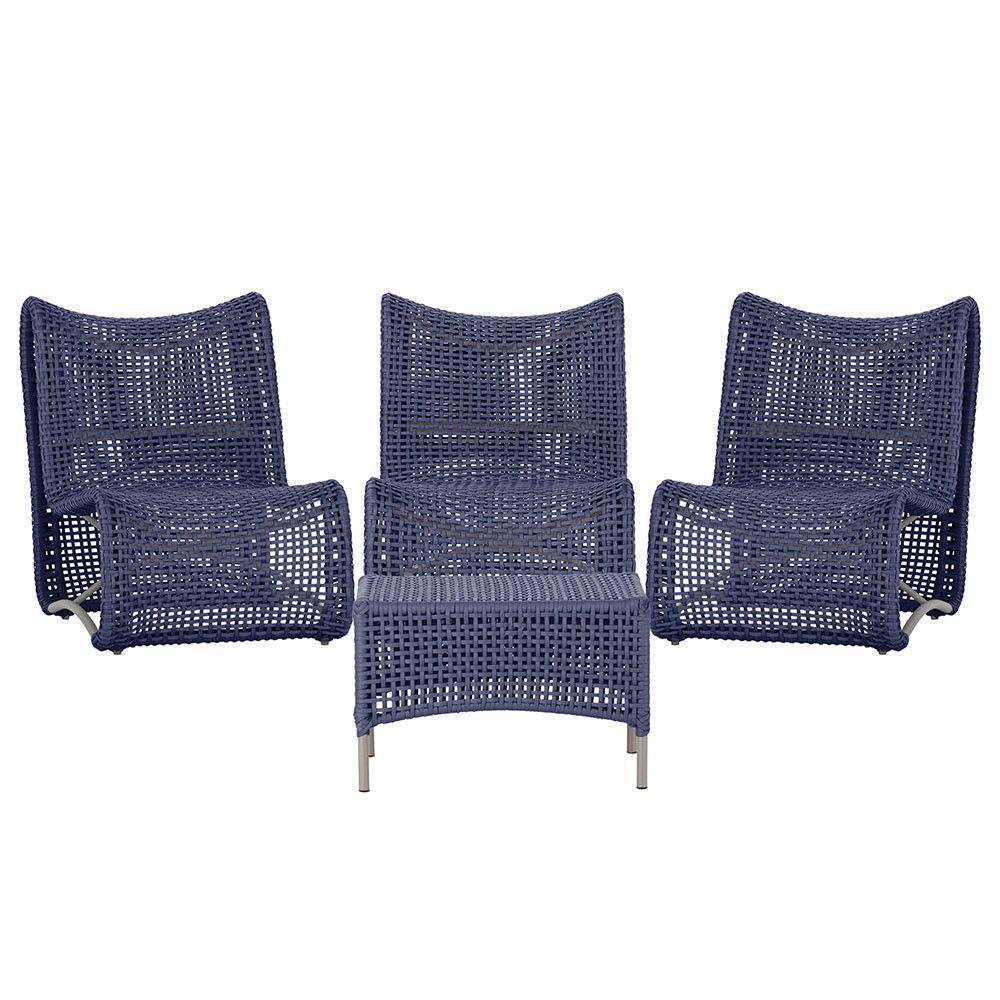 3 Poltronas E Mesa Texas Alumínio Fendi Corda Náutica Trama Azul - 1