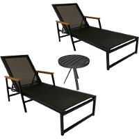 Kit 2 Espreguiçadeiras Alumínio E Tela Sling Amélia Braços De Madeira + Mesa Lateral Ripada Preto - 1