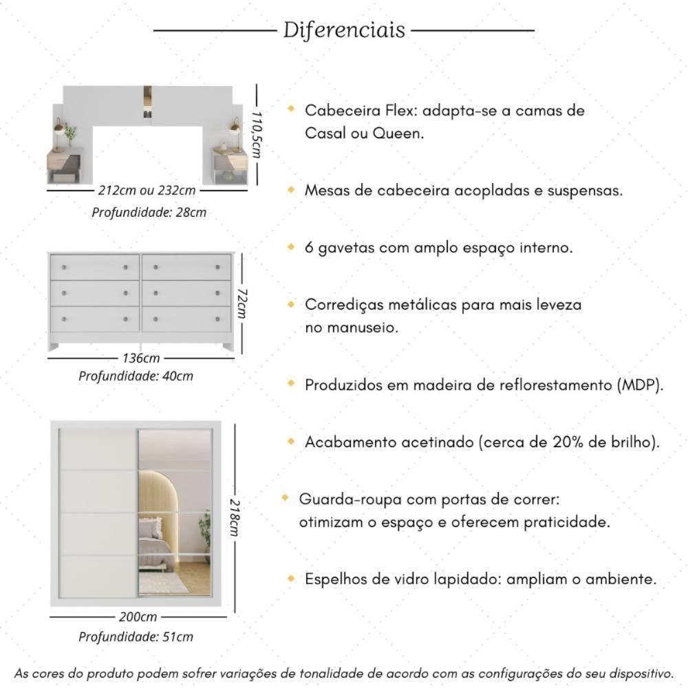 Quarto Completo Com Cabeceira Casal/queen Guarda-roupa E Cômoda Multimóveis Mp4375 Branco/lacca Fumê - 5