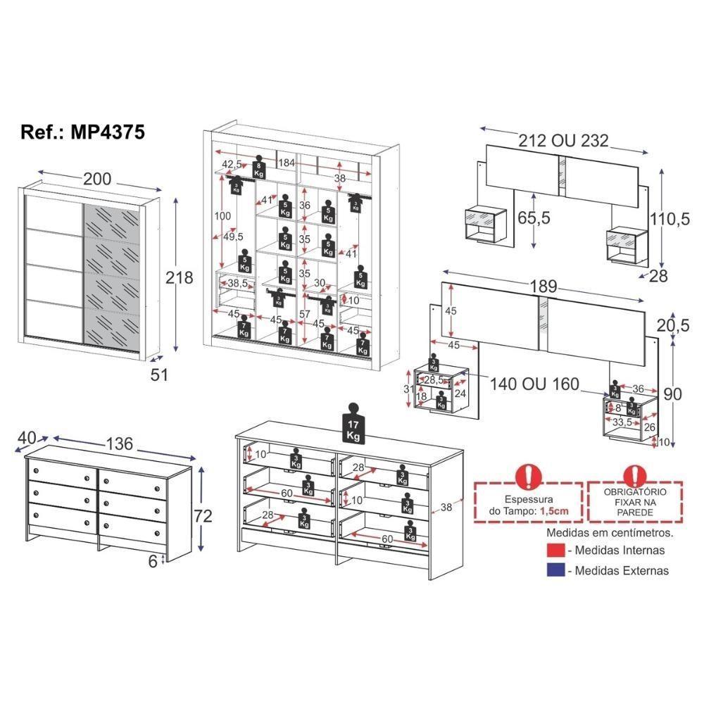 Quarto Completo Com Cabeceira Casal/queen Guarda-roupa E Cômoda Multimóveis Mp4375 Branco/lacca Fumê - 7
