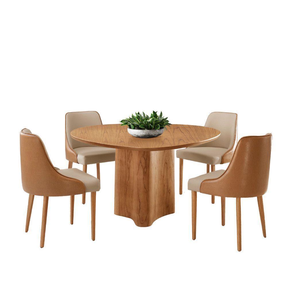Sala De Jantar Mesa Selene 135cm Madeira Tampo Laminado Veludo Bege /star Caramelo /imbuia Nat. - 2