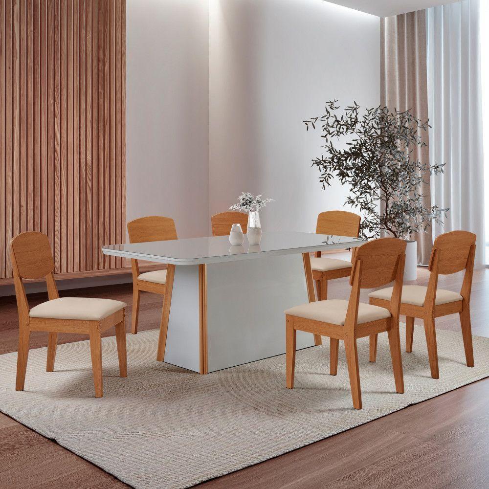 Mesa Diane 180cm Tampo Mdf Vidro Canto Copo Com 6 Cadeiras Veludo Creme /off /naturale /serig Off - 1
