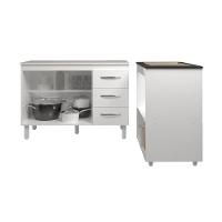 Balcão Armário Gabinete Bruna 118 Cm Com Tampo Tampão E Balcão Evelyn Para Cooktop 4 Bocas Branco