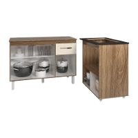 Balcão Armário Gabinete Aline 118 Cm Off White Com Tampo E Balcão Evelyn Cooktop 4 Bocas Off White